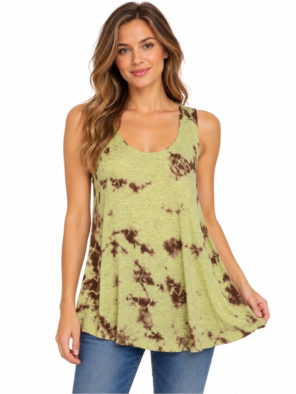 Chalet et Ceci Tank Top Women Size S Green Tie Dye Abstract Lagenlook